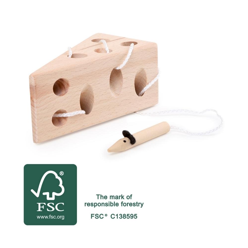 Przewlekanka ze sznurkiem - ser i mysz, będąca ciekawą, drewnianą zabawka dla najmłodszych.